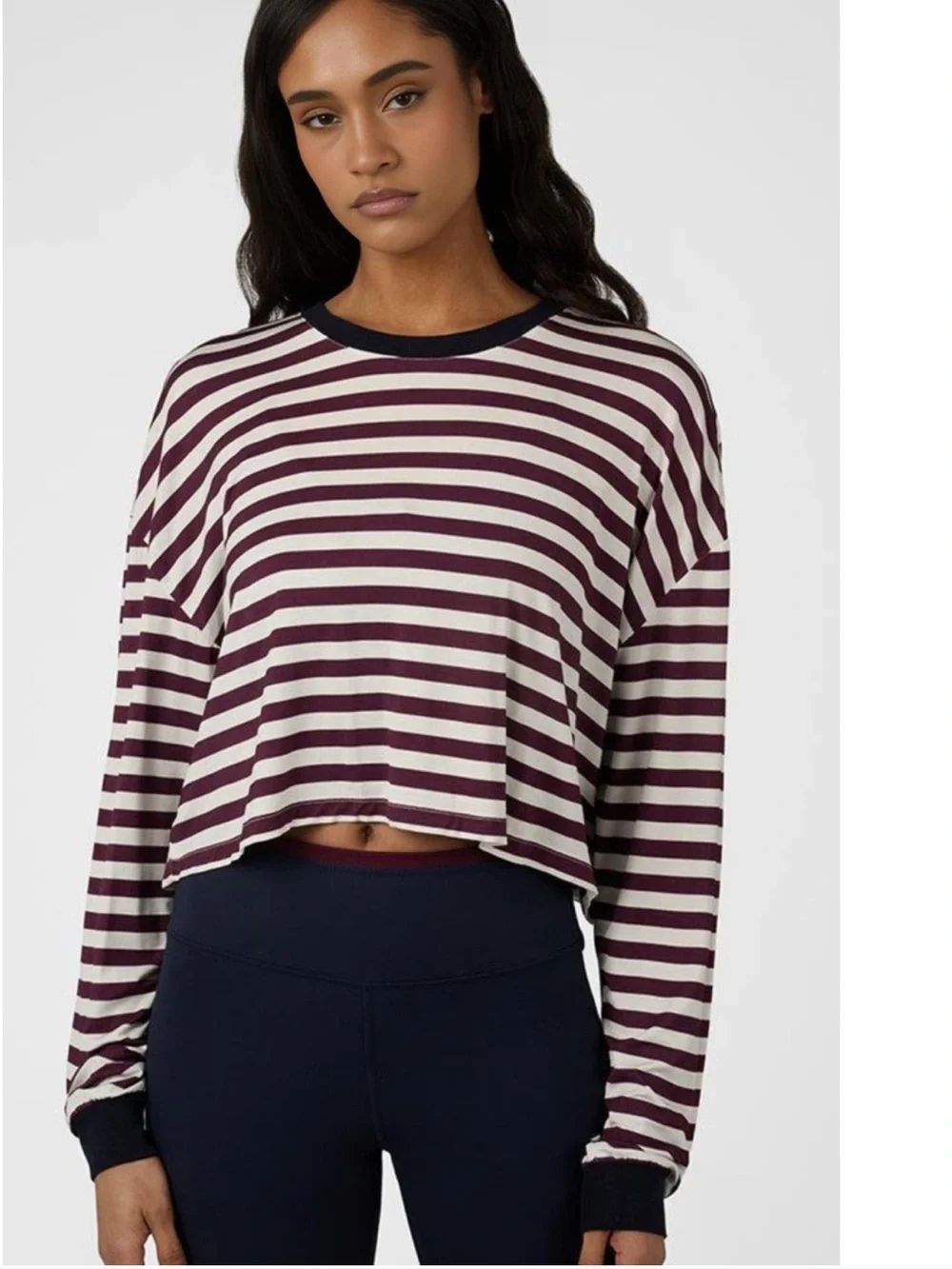 WeWoreWhat Burgundy and Cream Striped Cropped Long-Sleeve Top NWT - Picture 1 of 4